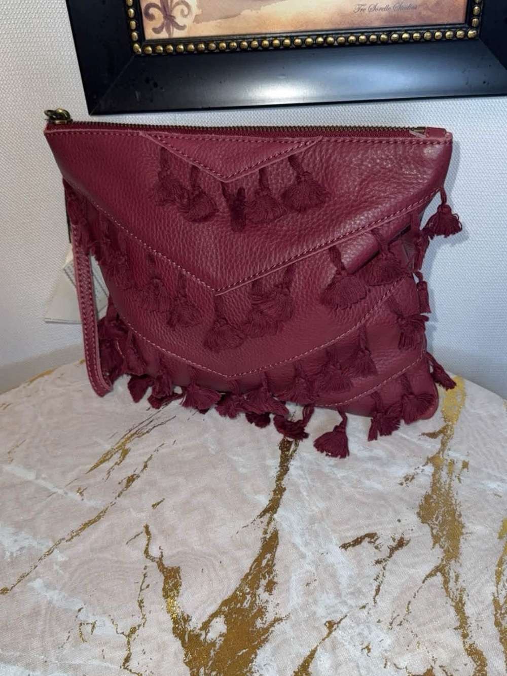 Tassel Chevron Wristlet Clutch in Deep Burgundy